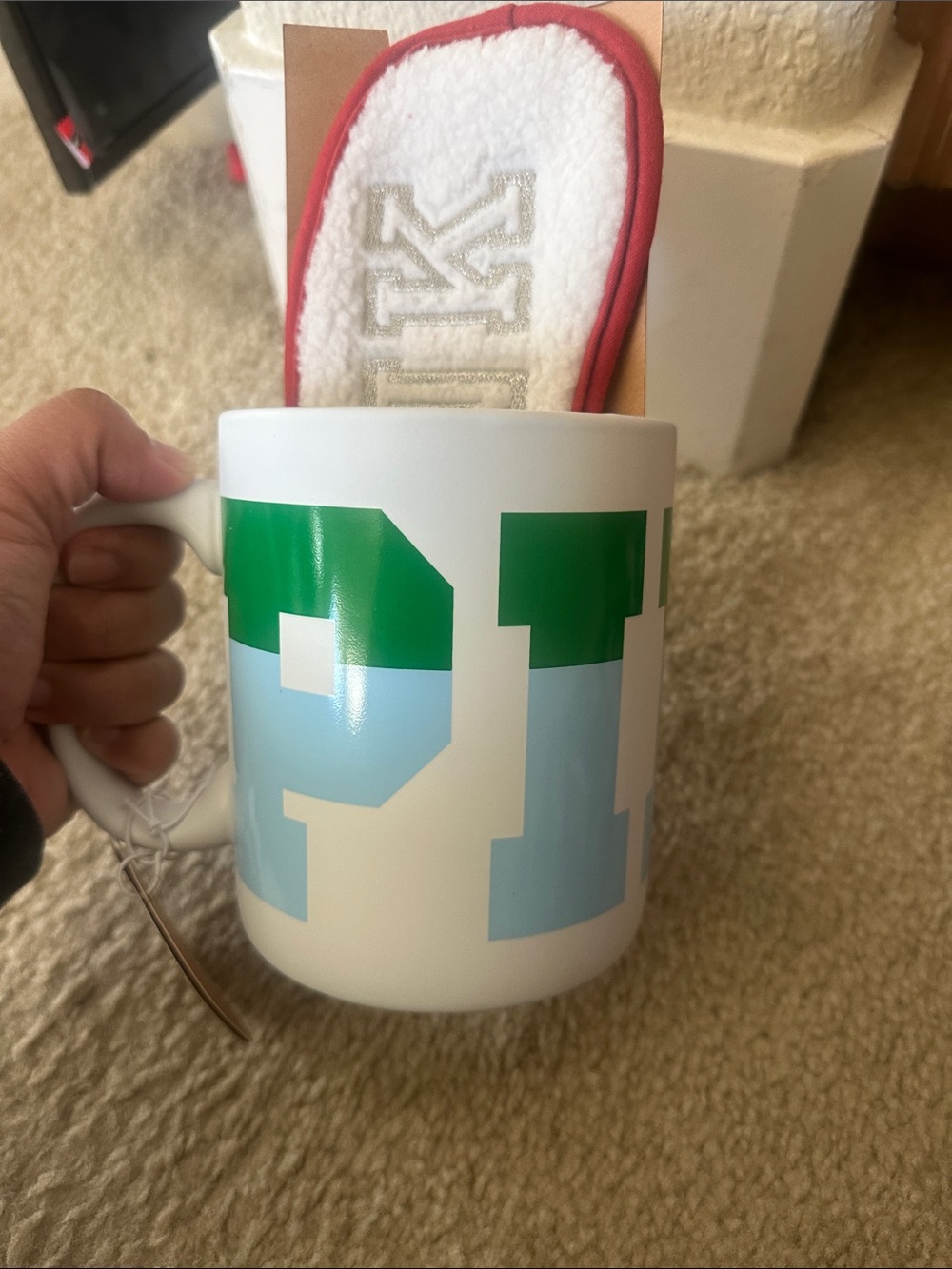 White Ceramic Numbered Mug with Green and Light Blue Block Design
